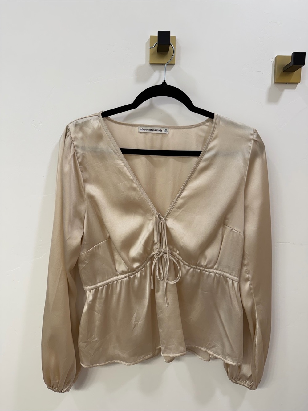 Abercrombie & Fitch Champagne Satin Tie-Front V-Neck Blouse